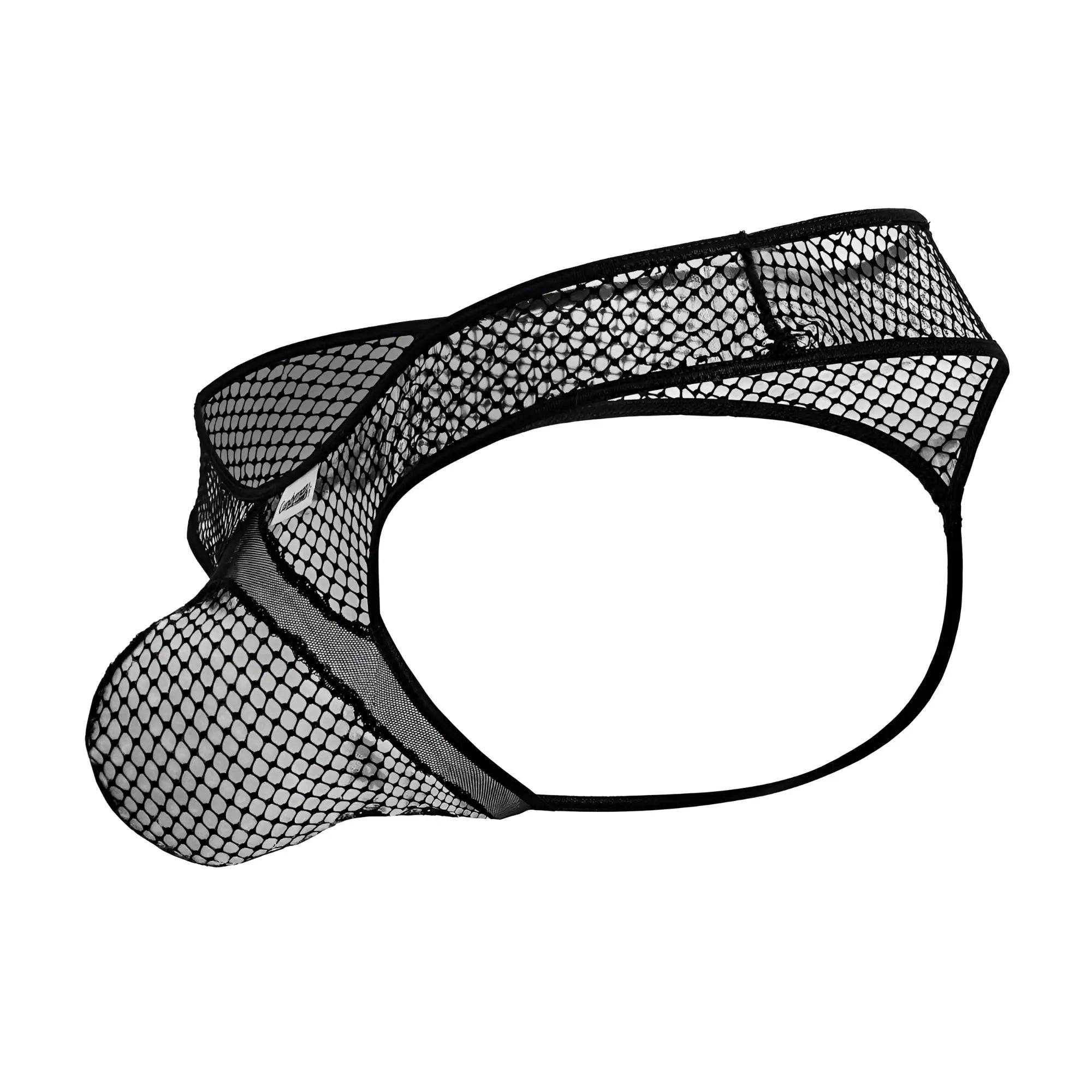 CandyMan 99843 fishnet thongs in black mesh with contoured design and reinforced elastic bands for men