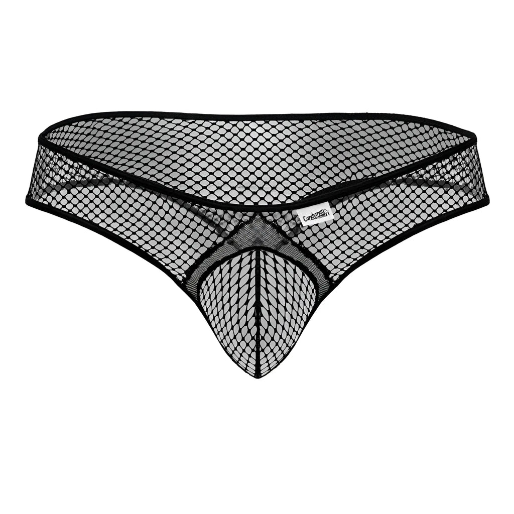 Black mesh thong candyMan 99843 with diamond-patterned fishnet design and reinforced waistband
