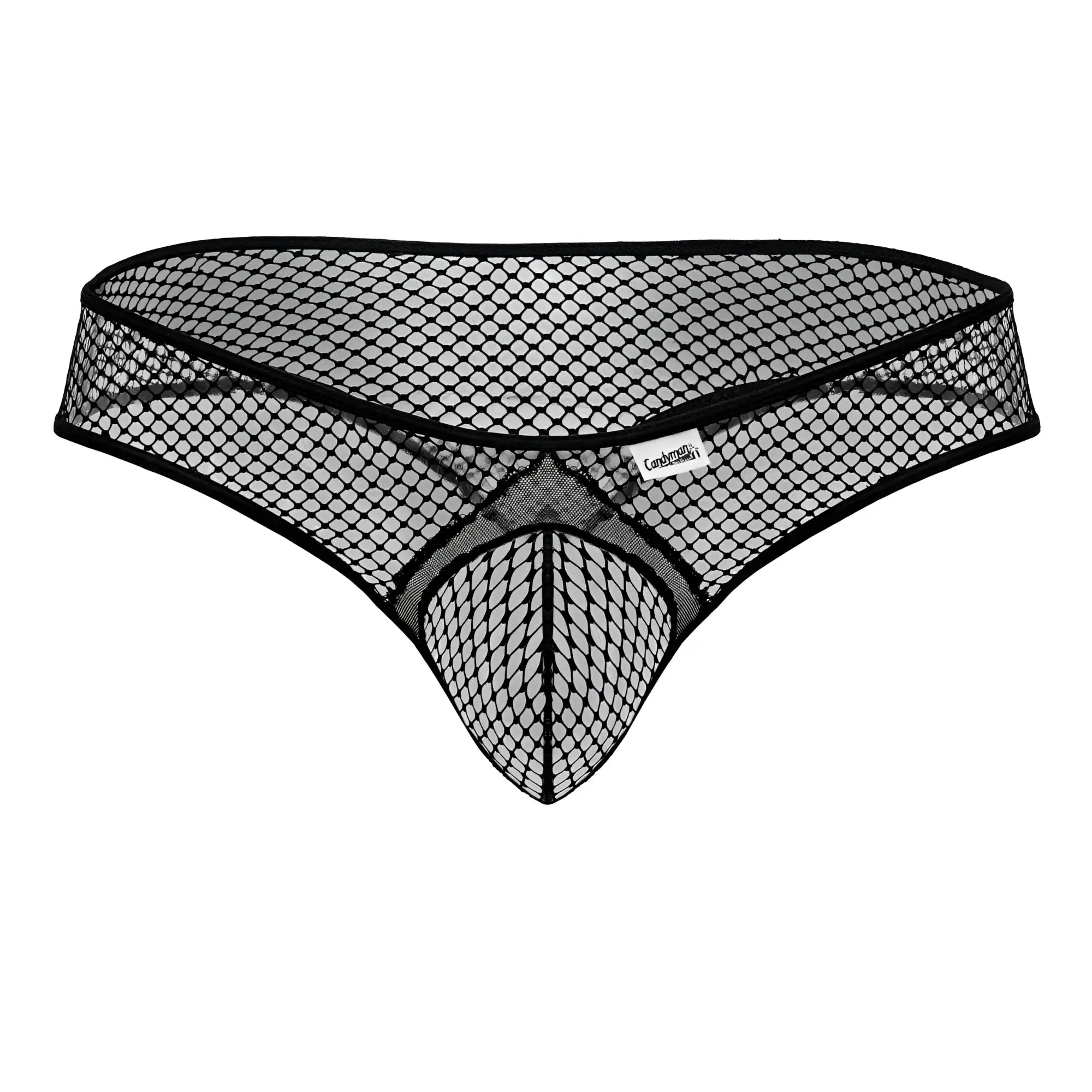Black mesh thong candyMan 99843 with diamond-patterned fishnet design and reinforced waistband