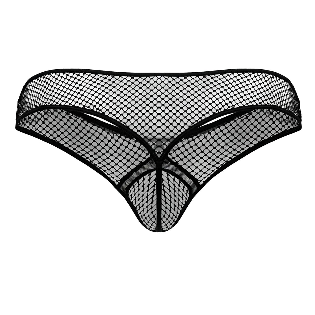 Black CandyMan 99843 fishnet thong with diamond patterned mesh and reinforced edges shown from the back side