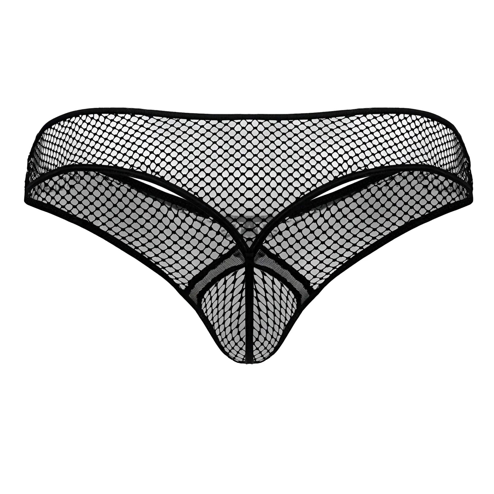 Black CandyMan 99843 fishnet thong with diamond patterned mesh and reinforced edges shown from the back side