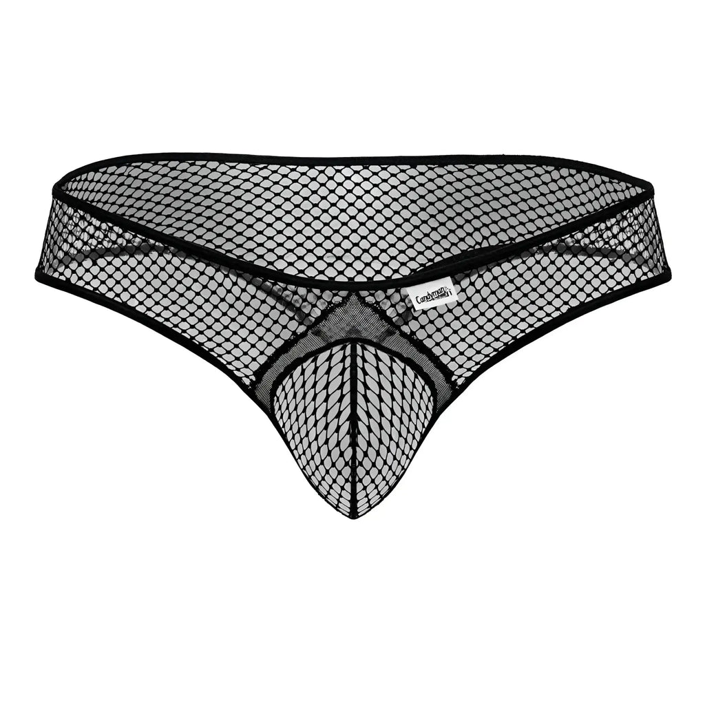Black mesh thong candyMan 99843 with diamond-patterned fishnet design and reinforced waistband