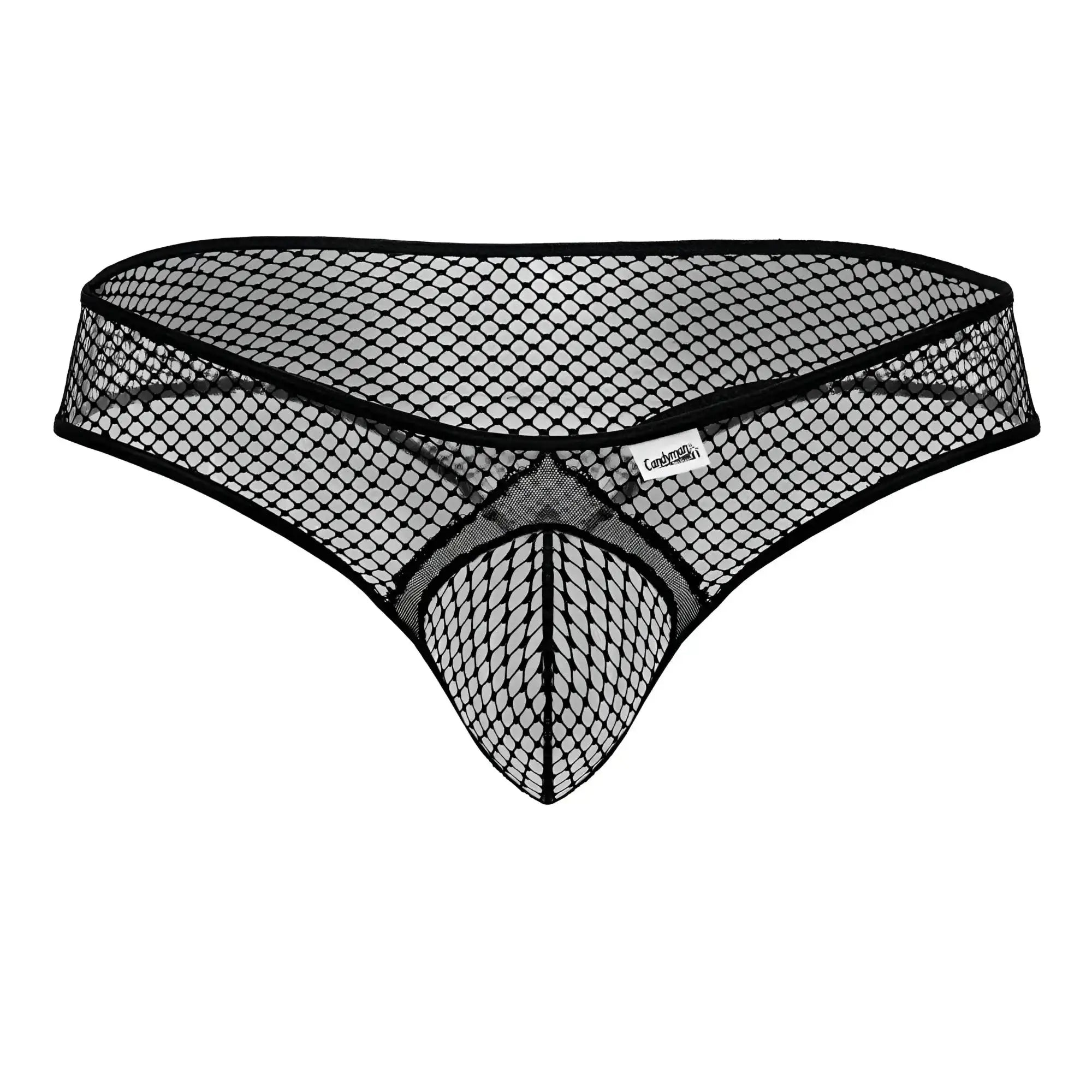 Black mesh thong candyMan 99843 with diamond-patterned fishnet design and reinforced waistband
