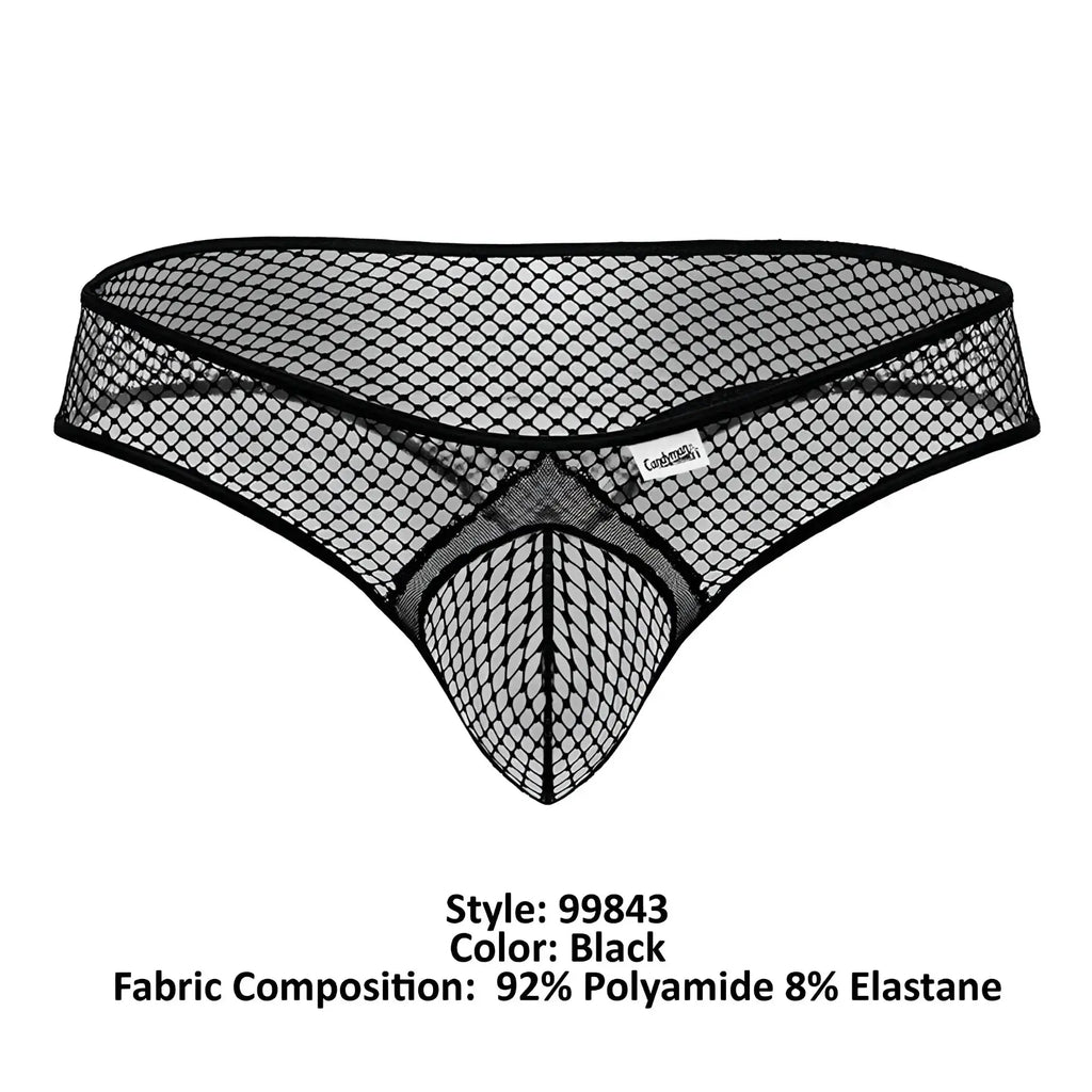 Black CandyMan 99843 fishnet thong with mesh fishnet pattern and reinforced elastic waistband for comfortable fit