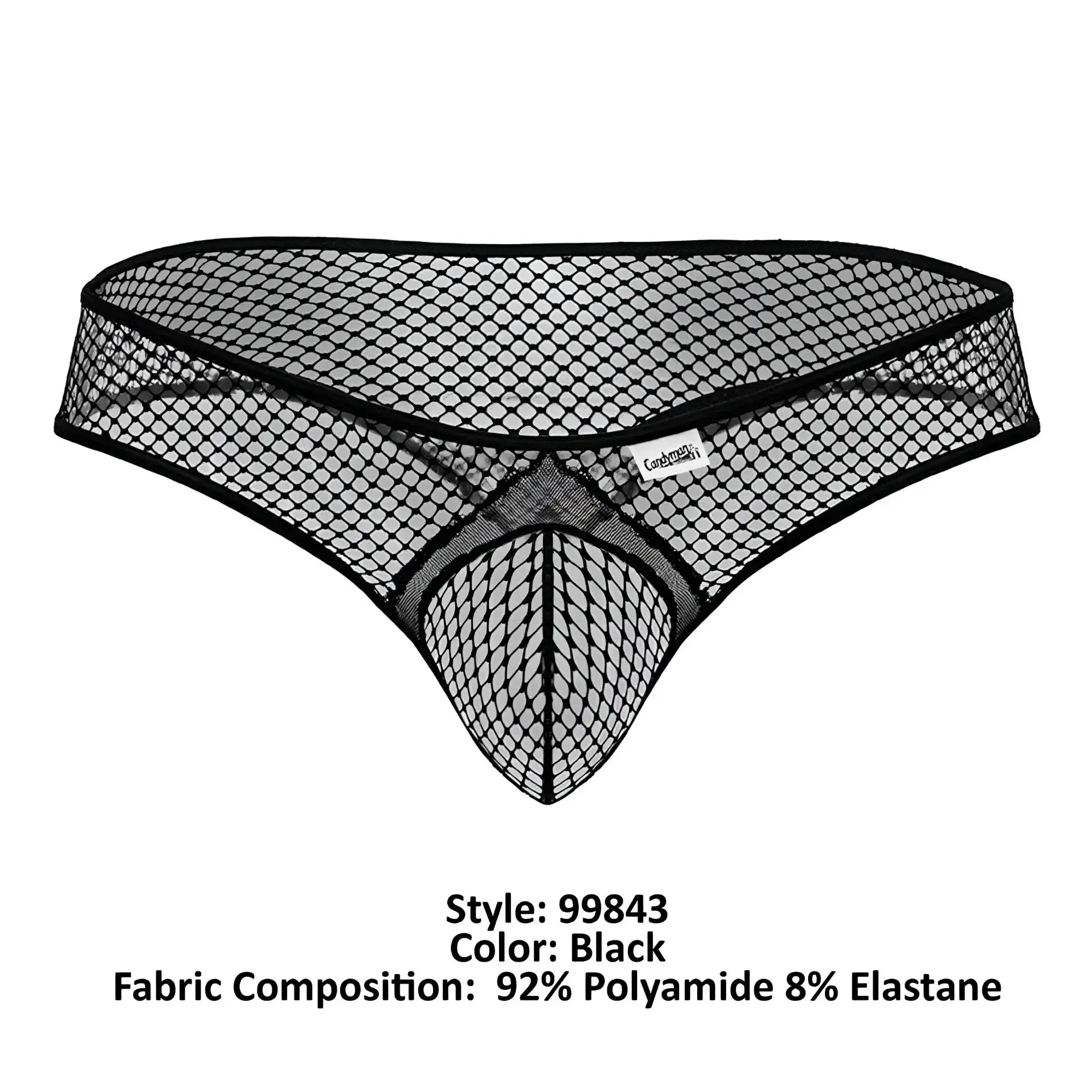 Black CandyMan 99843 fishnet thong with mesh fishnet pattern and reinforced elastic waistband for comfortable fit