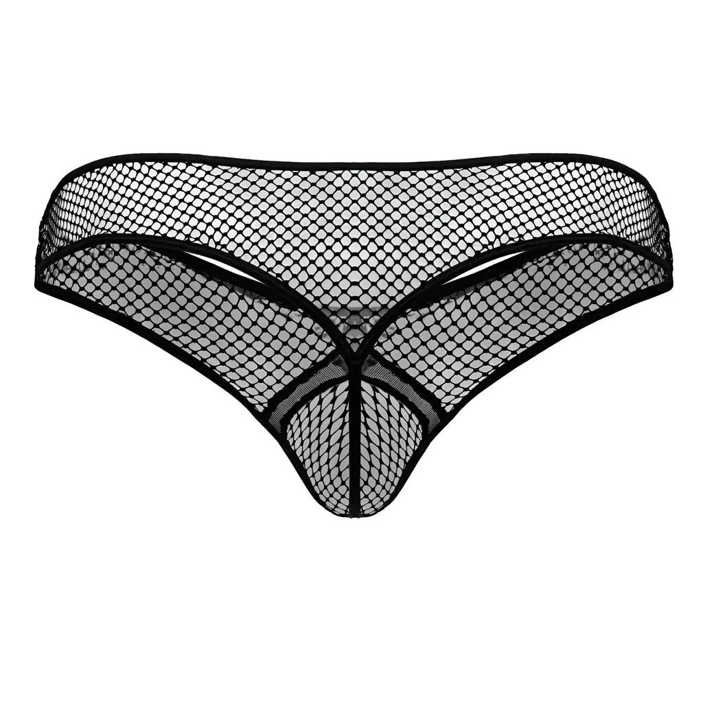 Black CandyMan 99843 fishnet thong with diamond patterned mesh and reinforced edges shown from the back side