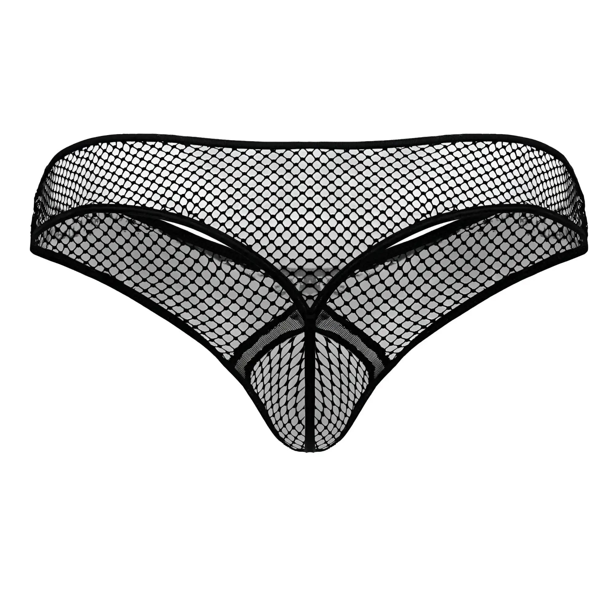 Black CandyMan 99843 fishnet thong with diamond patterned mesh and reinforced edges shown from the back side