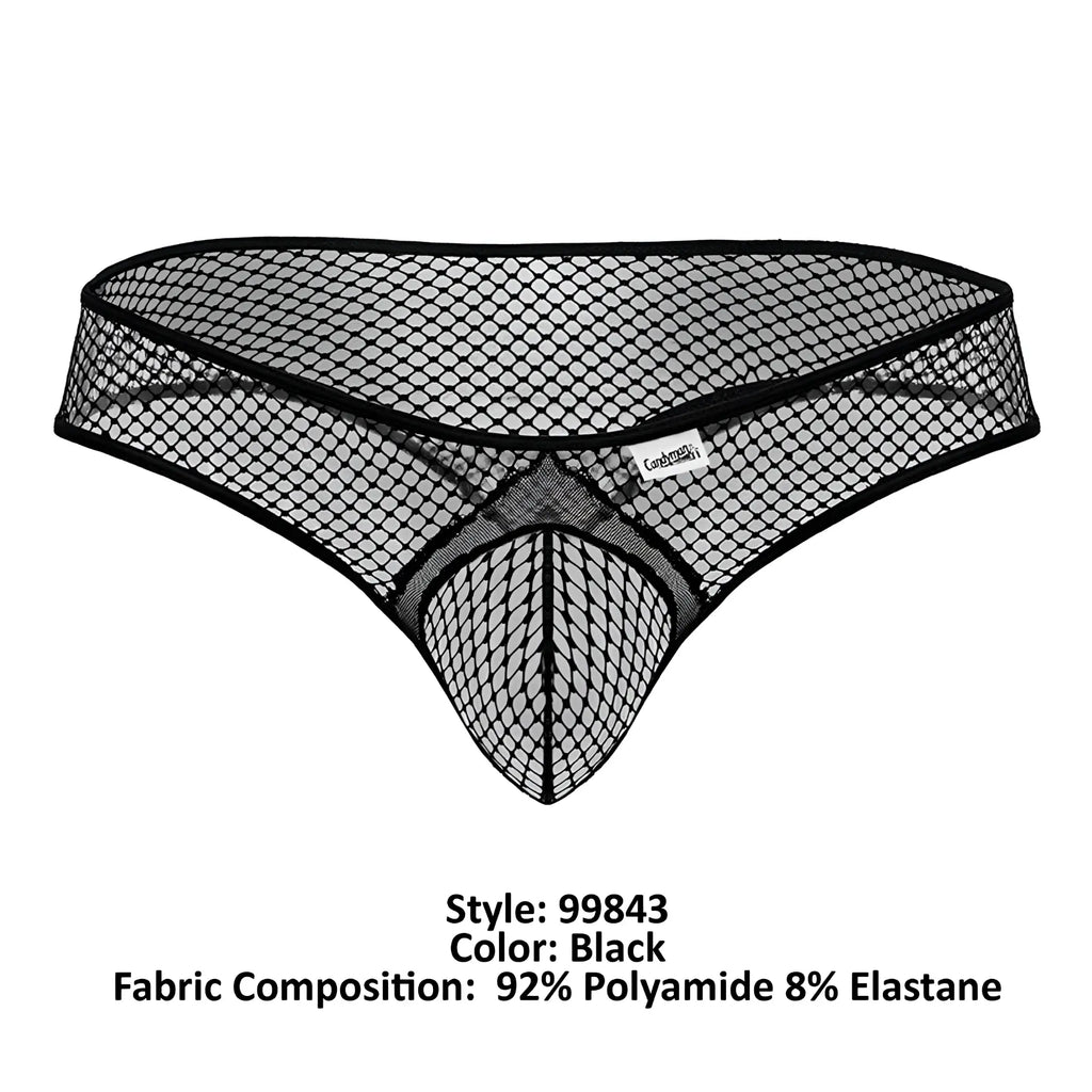 Black CandyMan 99843 fishnet thong with mesh fishnet pattern and reinforced elastic waistband for comfortable fit