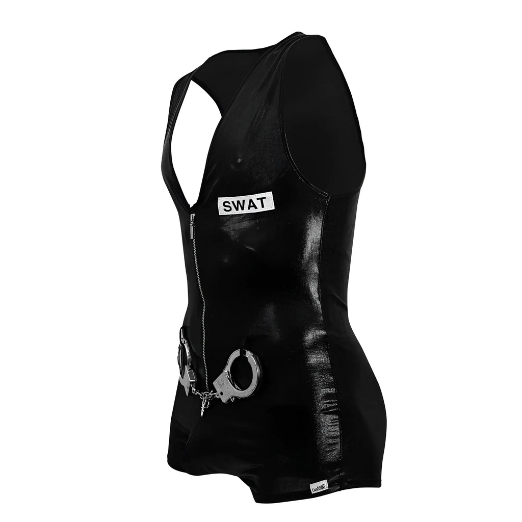 Black glossy vinyl swat vest with front zipper and silver handcuffs for CandyMan 99844 police bodysuit color black