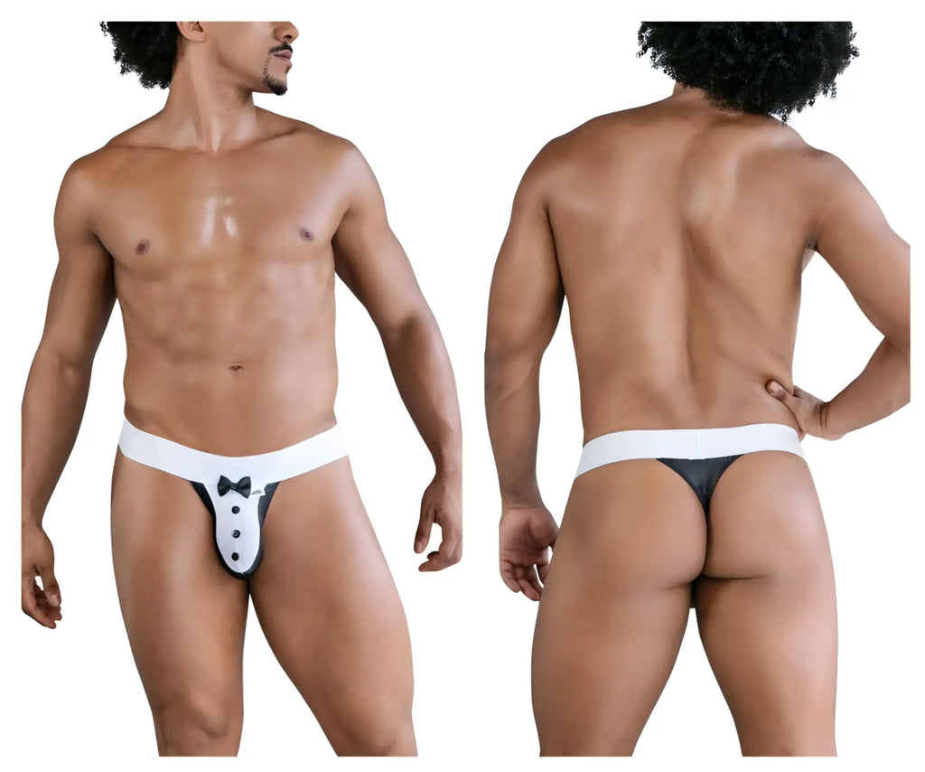 Black and white tuxedo-themed briefs with bow tie design front by candyman 99846 in black