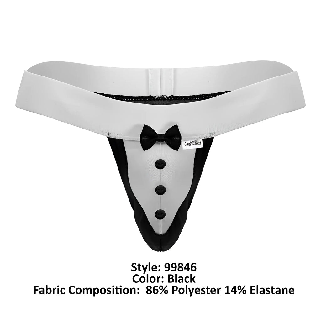 Black and white tuxedo-themed thong with bow tie detail from candyman 99846 tuxedo thongs color black