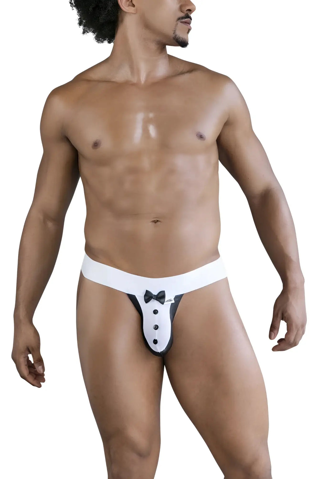 CandyMan 99846 tuxedo thong in black with white tuxedo design featuring a black bow tie and button details