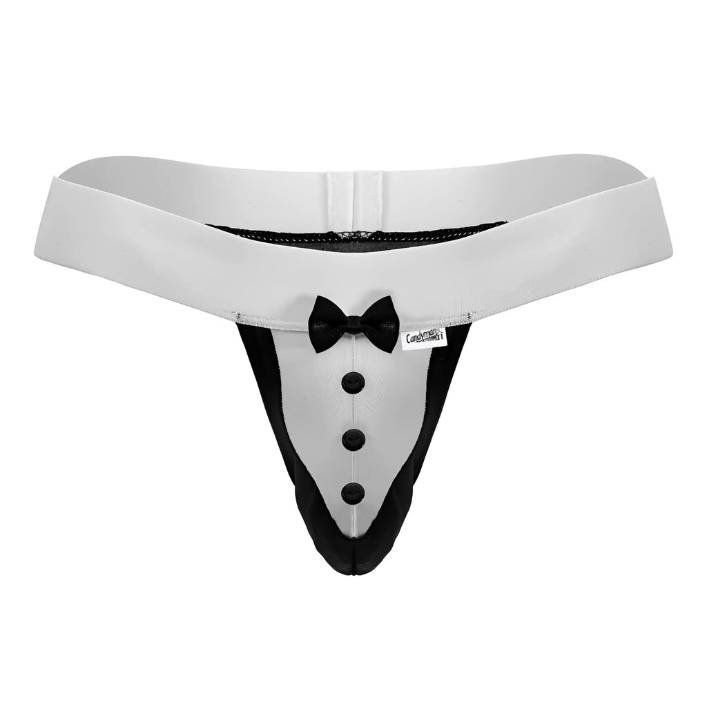 White tuxedo-themed thong with black trim buttons and bow tie detail candyMan 99846 tuxedo thongs color black