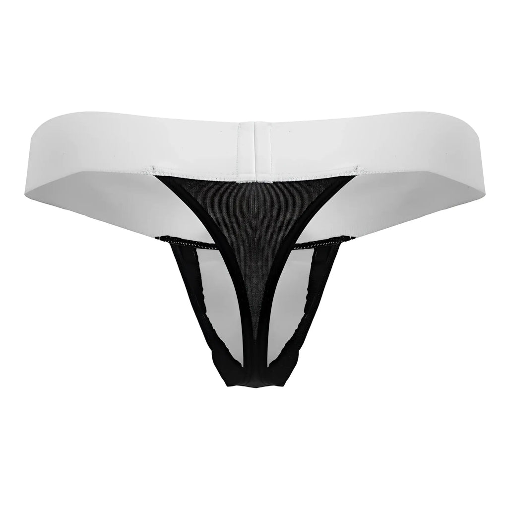 CandyMan 99846 tuxedo thong in black with white waistband mesh center panel and thin black straps front view