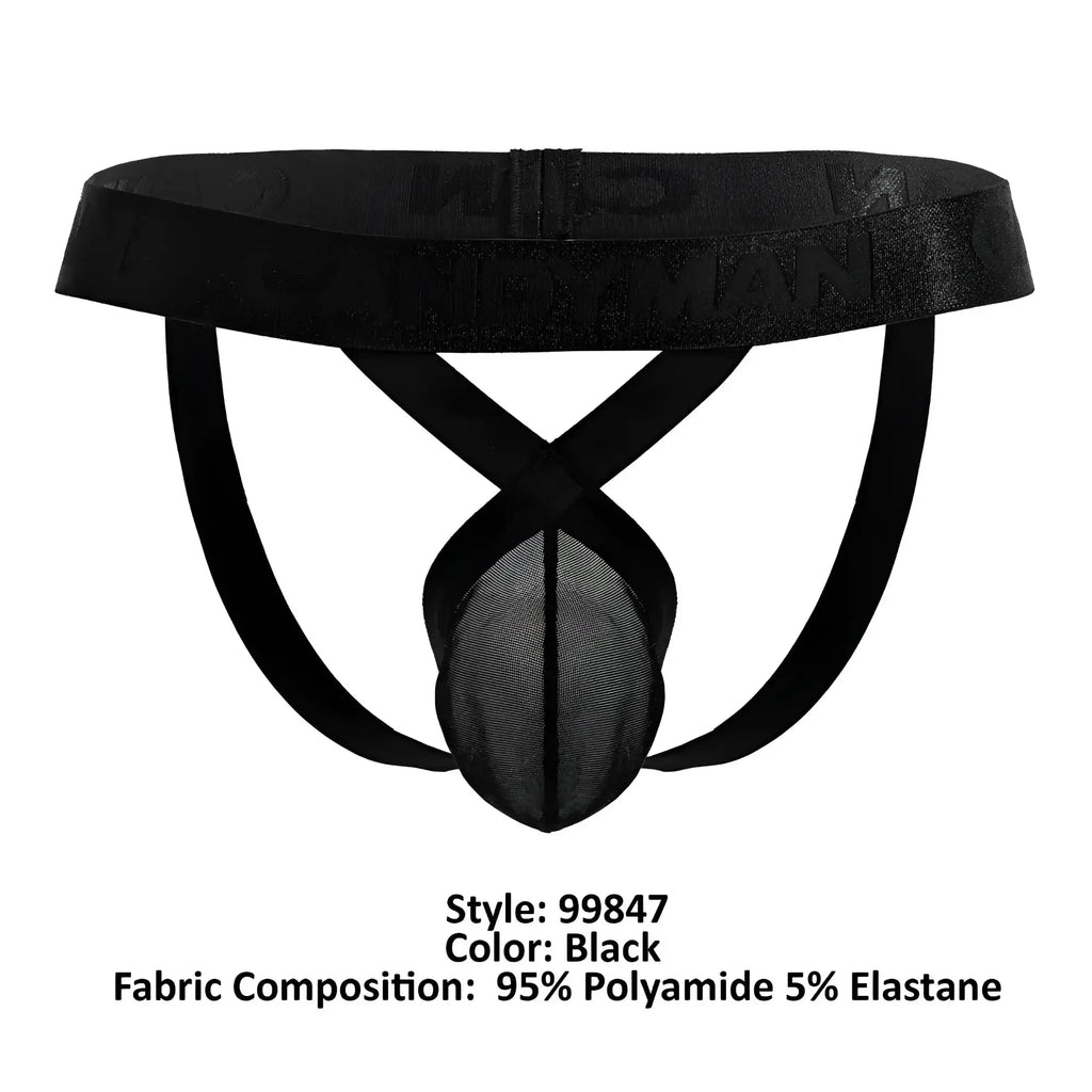 Black candyMan 99847 mesh thong briefs with mesh front panel and embossed elastic waistband
