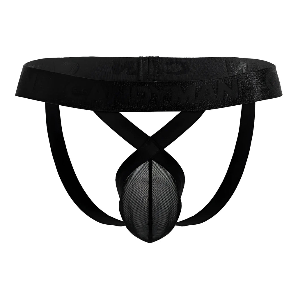 Black mesh briefs with a satin-like waistband featuring an embossed logo by candyman 99847 mesh thongs in black