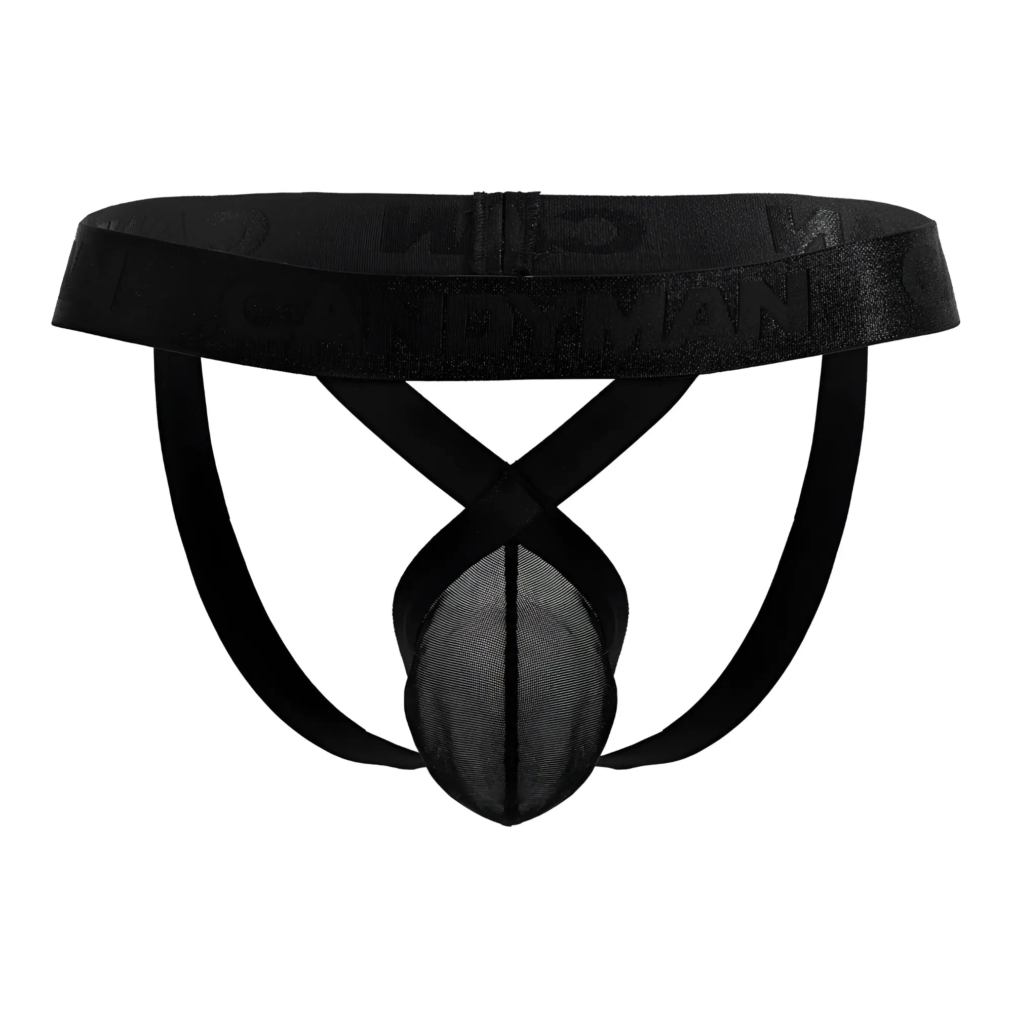 Black mesh briefs with a satin-like waistband featuring an embossed logo by candyman 99847 mesh thongs in black