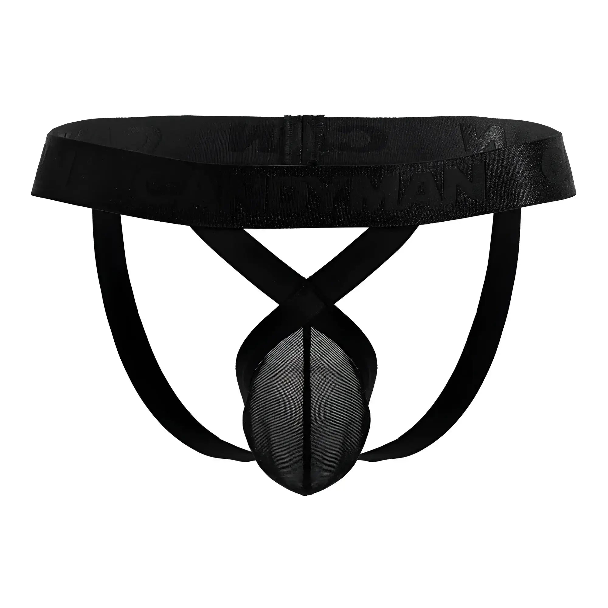 Black mesh briefs with a satin-like waistband featuring an embossed logo by candyman 99847 mesh thongs in black