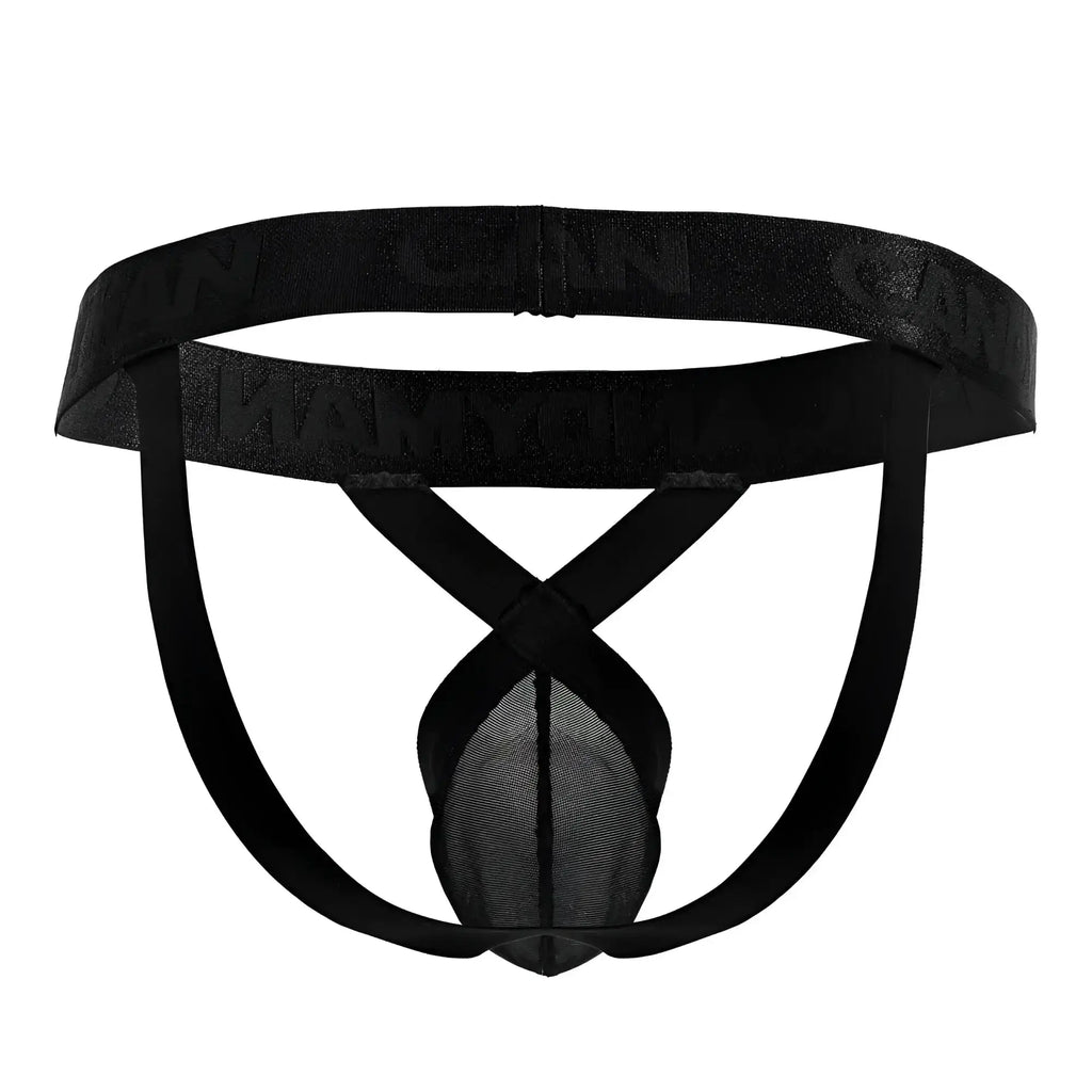 Black mesh brief with solid waistband and crossed leg straps from CandyMan 99847 mesh thongs in black