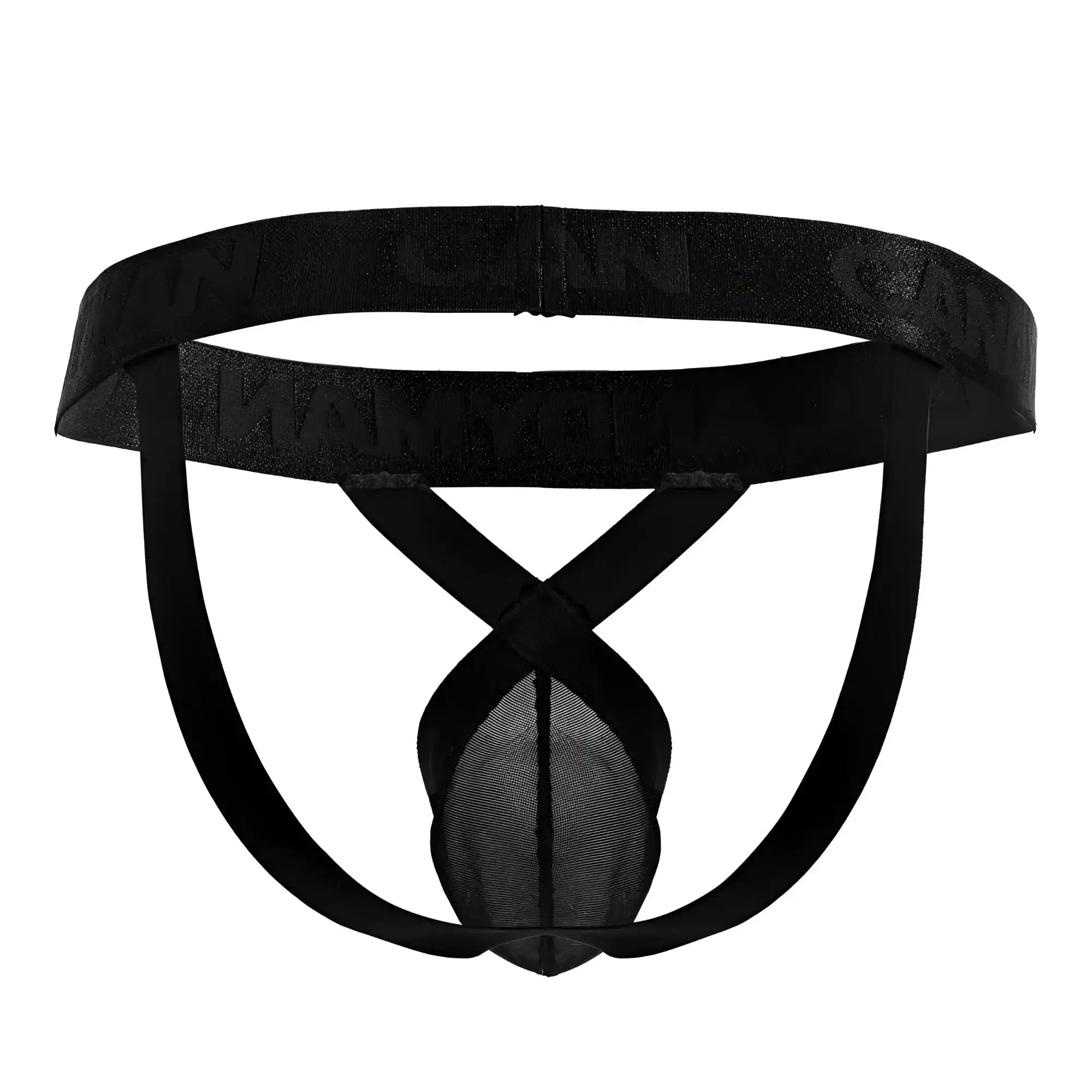 Black mesh brief with solid waistband and crossed leg straps from CandyMan 99847 mesh thongs in black
