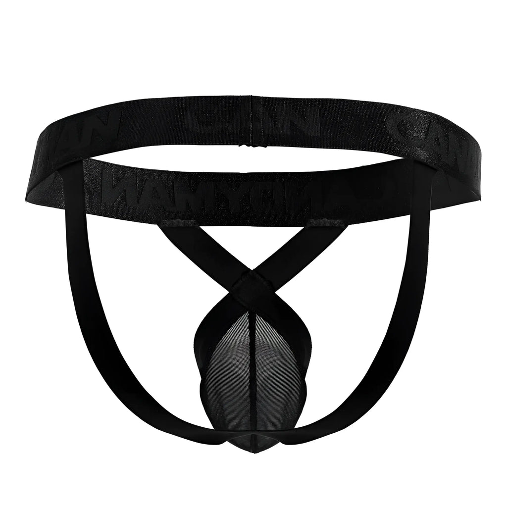 Black mesh brief with solid waistband and crossed leg straps from CandyMan 99847 mesh thongs in black