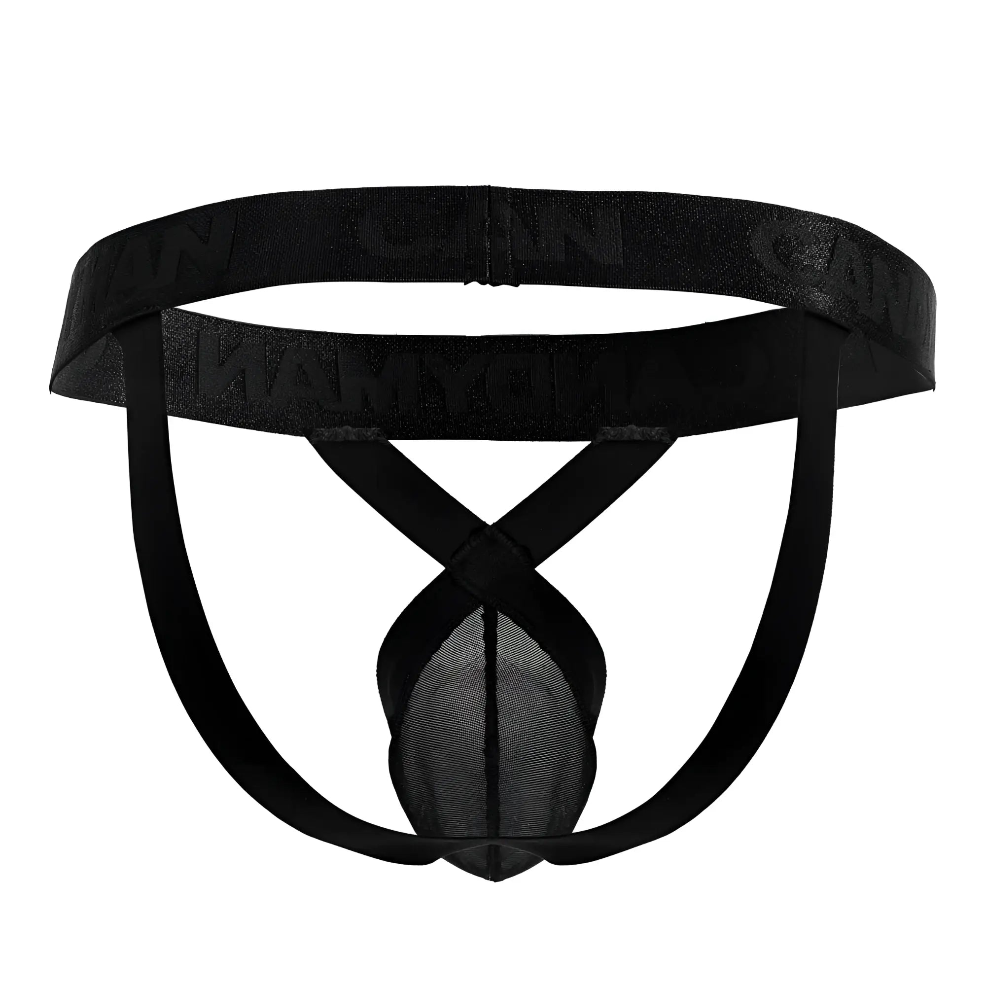 Black mesh brief with solid waistband and crossed leg straps from CandyMan 99847 mesh thongs in black