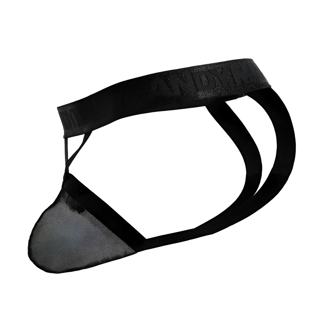 Black mesh CandyMan 99847 thong with solid elastic waistband embossed with Andy brand name