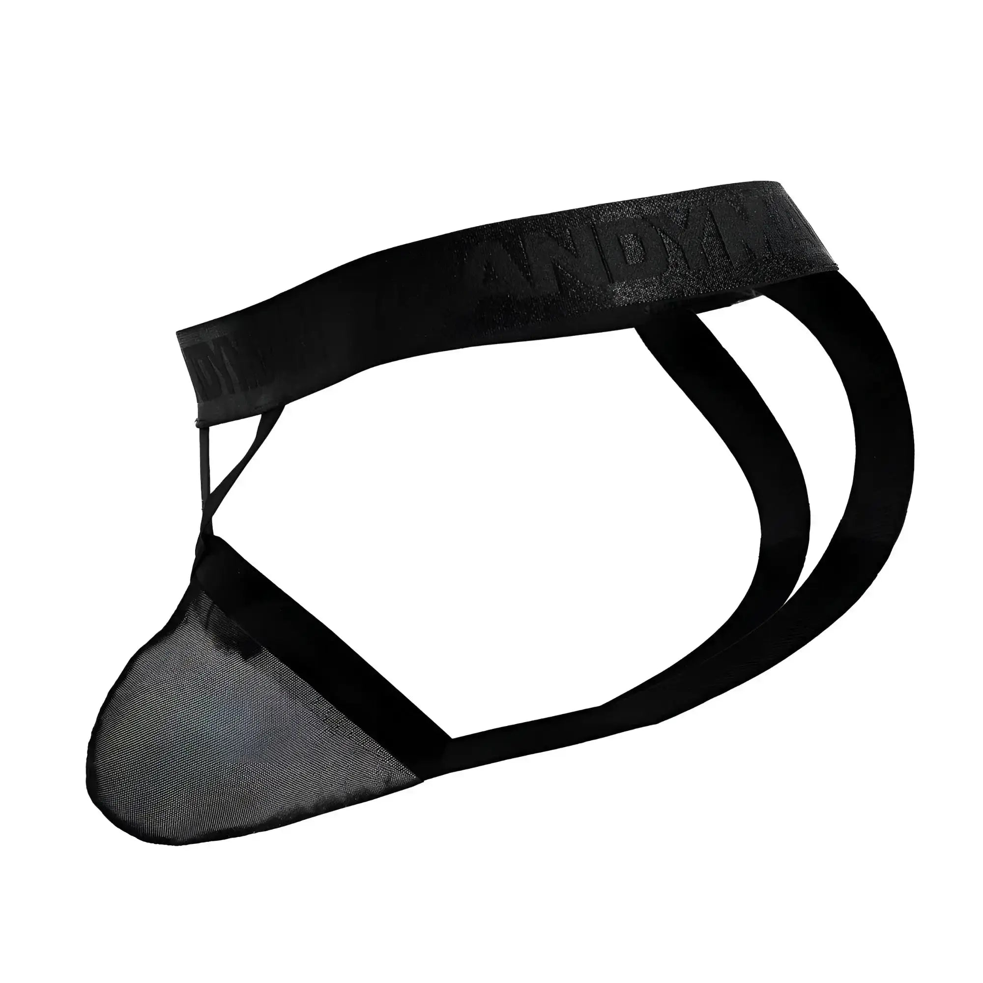 Black mesh CandyMan 99847 thong with solid elastic waistband embossed with Andy brand name
