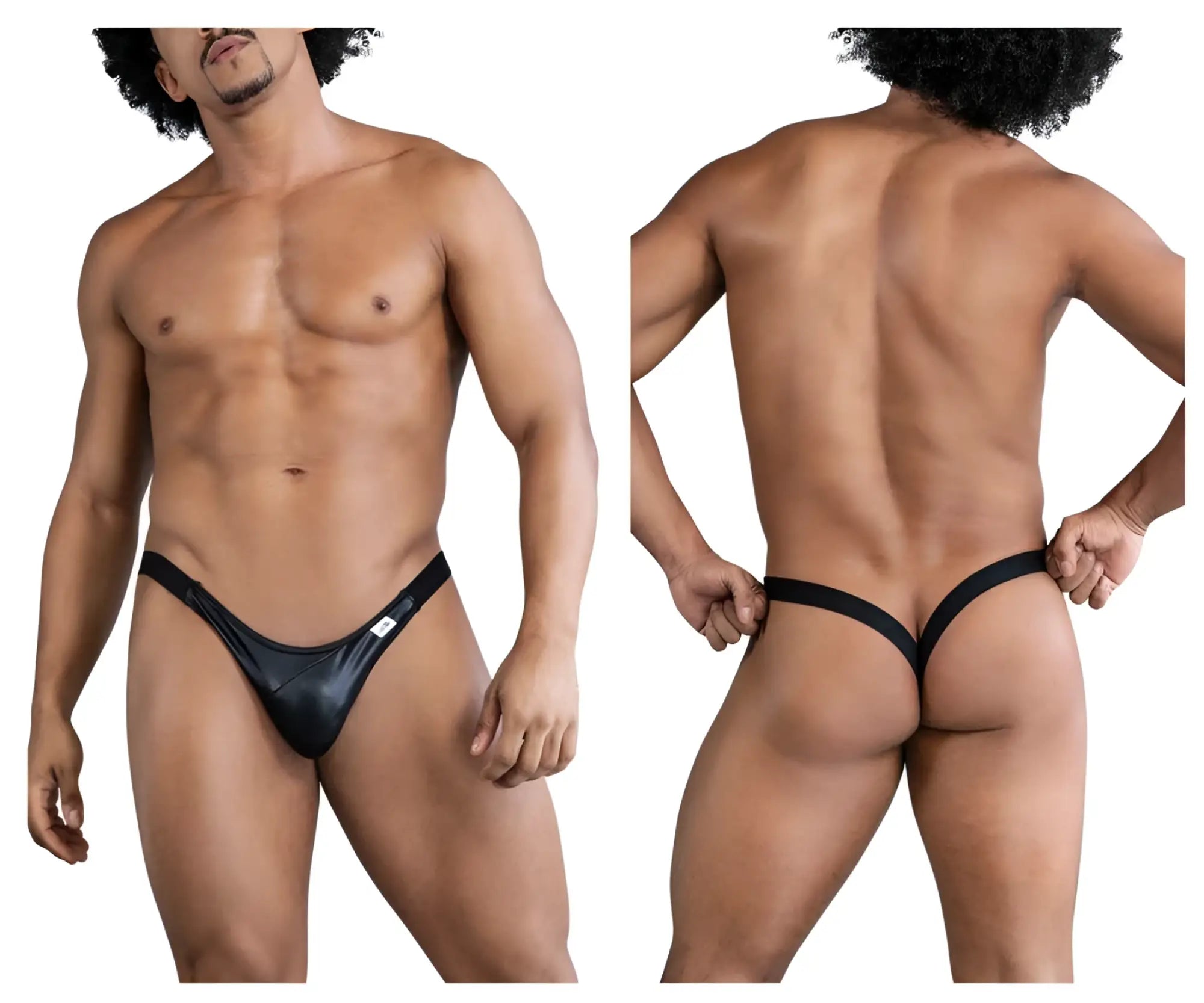 Black shiny latex thong with a small white tag on the side from candyman 99848 bikini thongs collection