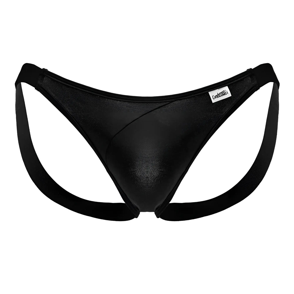 Black shiny metallic finish men’s thong with wide supportive side straps and branded label on the waistband CandyMan 99848