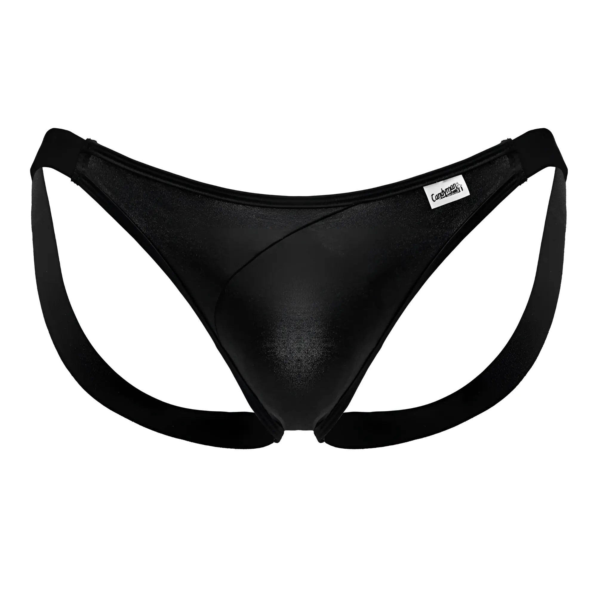 Black shiny metallic finish men’s thong with wide supportive side straps and branded label on the waistband CandyMan 99848