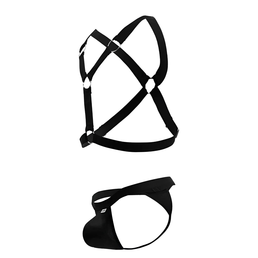 Black fabric harness and briefs set from candyman 99850 three piece outfit in black shown from the back side