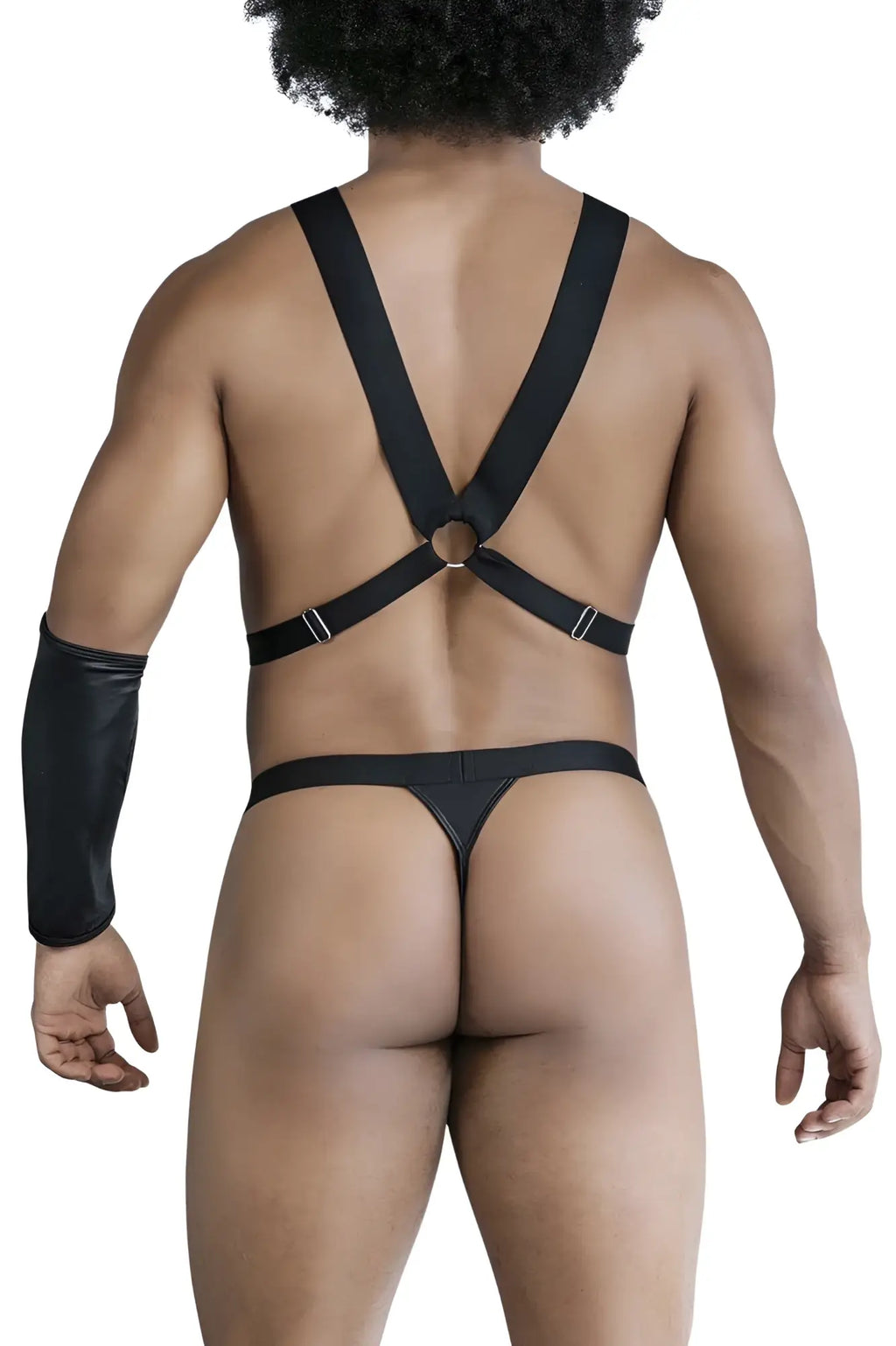 Black leather-like harness with adjustable straps and central metal ring from candyman 99850 three piece outfit