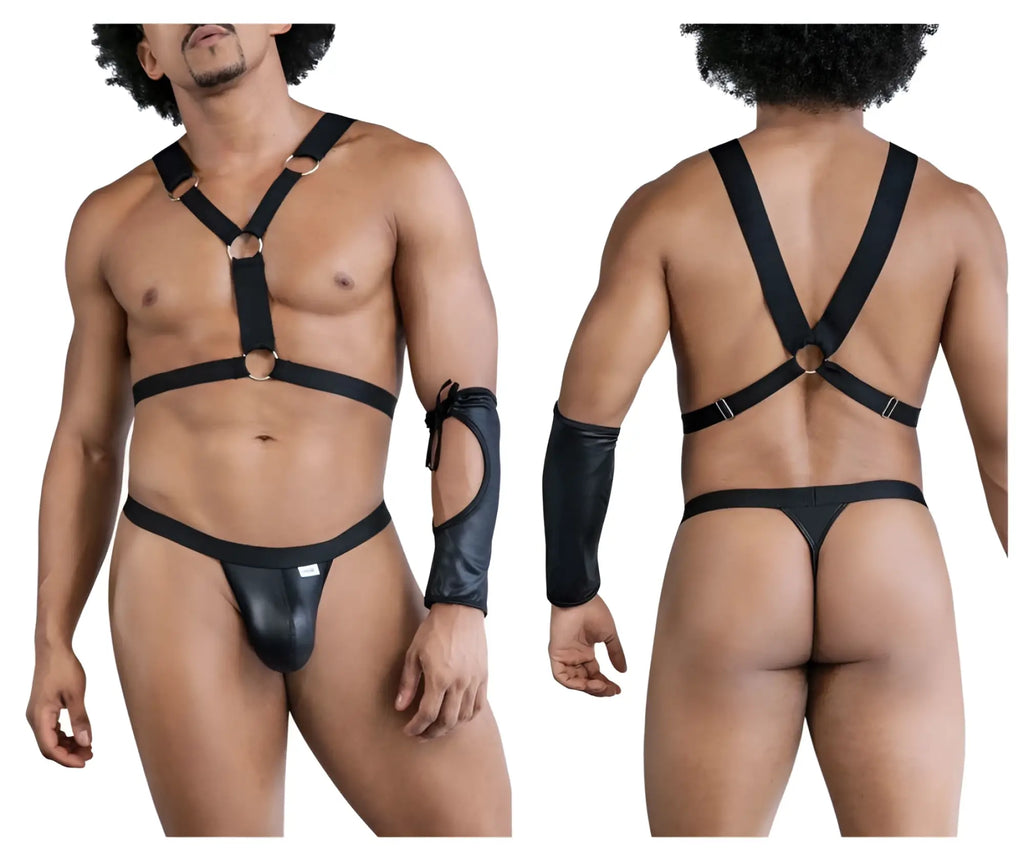Black leather-like candy man 99850 three piece harness outfit with metallic rings and matching arm cuff