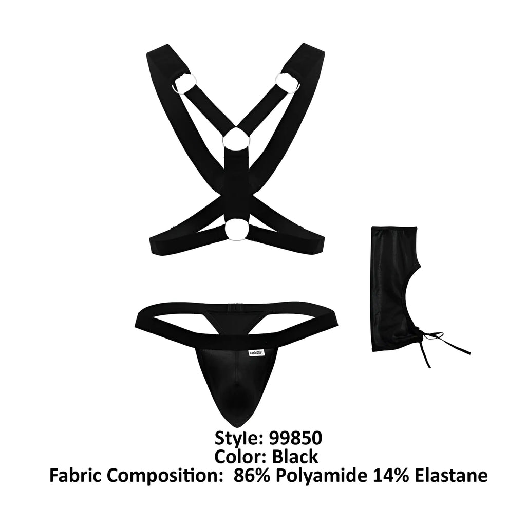 Black mens lingerie set candyman 99850 with strappy harness top thong bottom and leg cuff in smooth polyamide blend