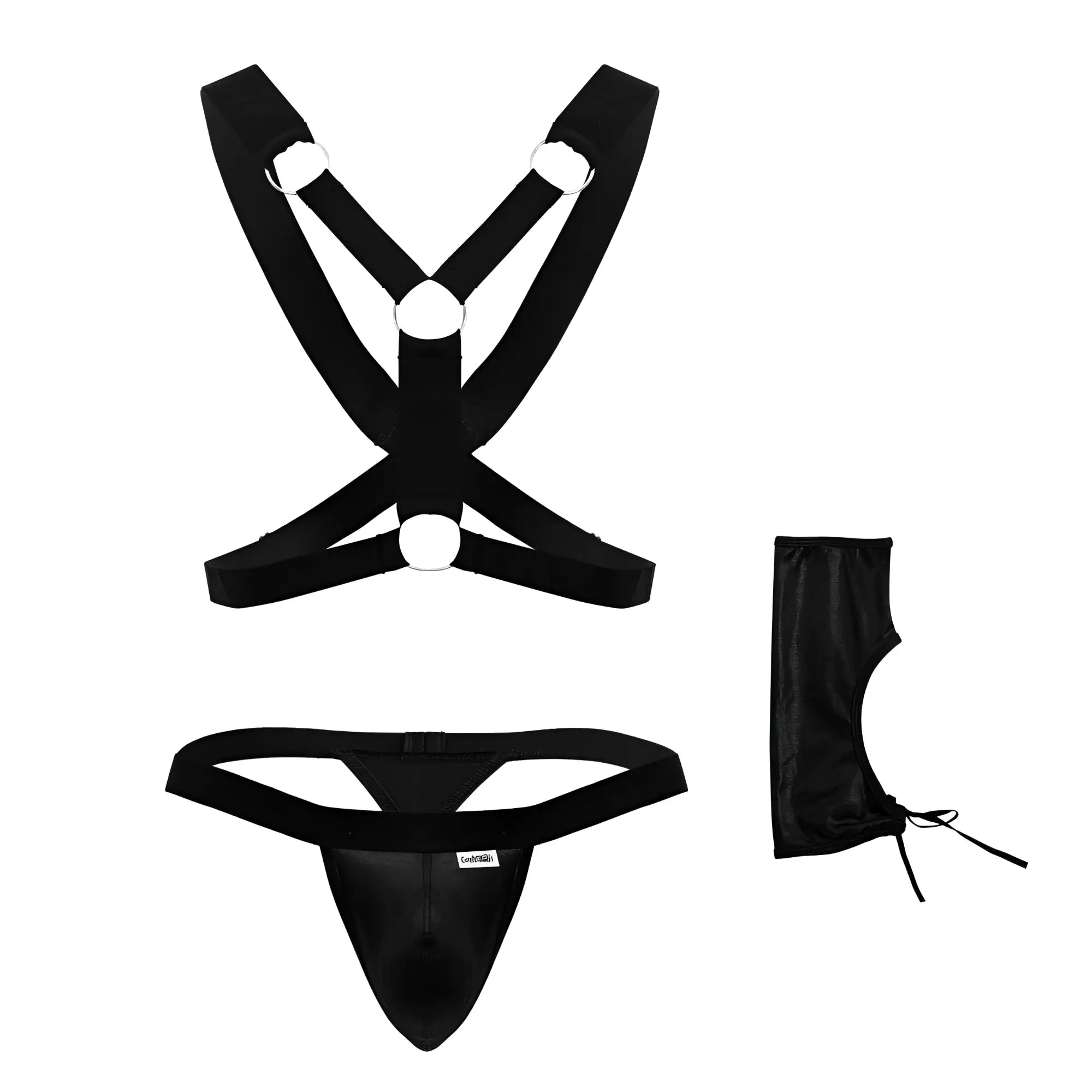 Black satin harness set with matching thong and leg cuffs candyMan 99850 three piece outfit color black