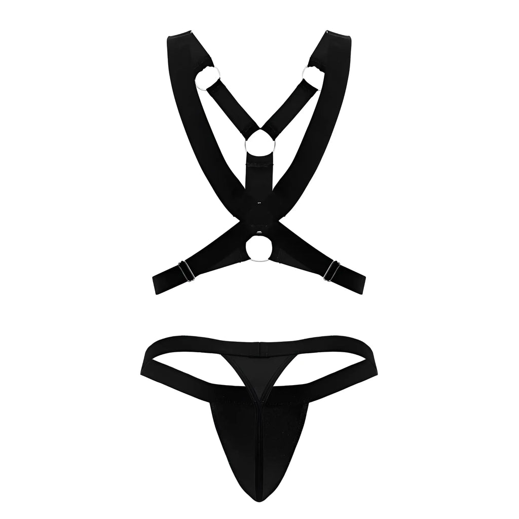 Black satin harness and thong three piece outfit by candyman showing the front of the set