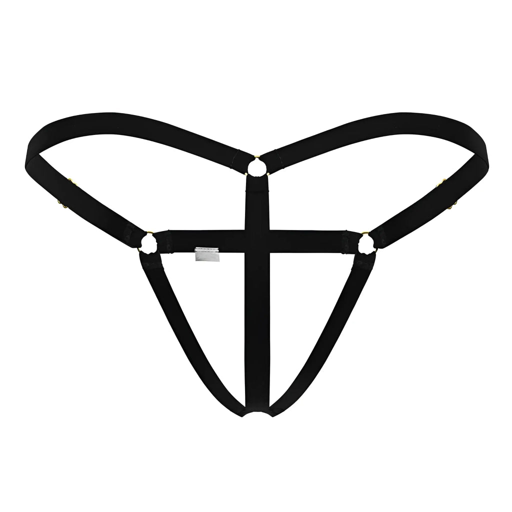 Black fabric harness with central crossbar and adjustable straps for candyman 99852 nudist thongs color black
