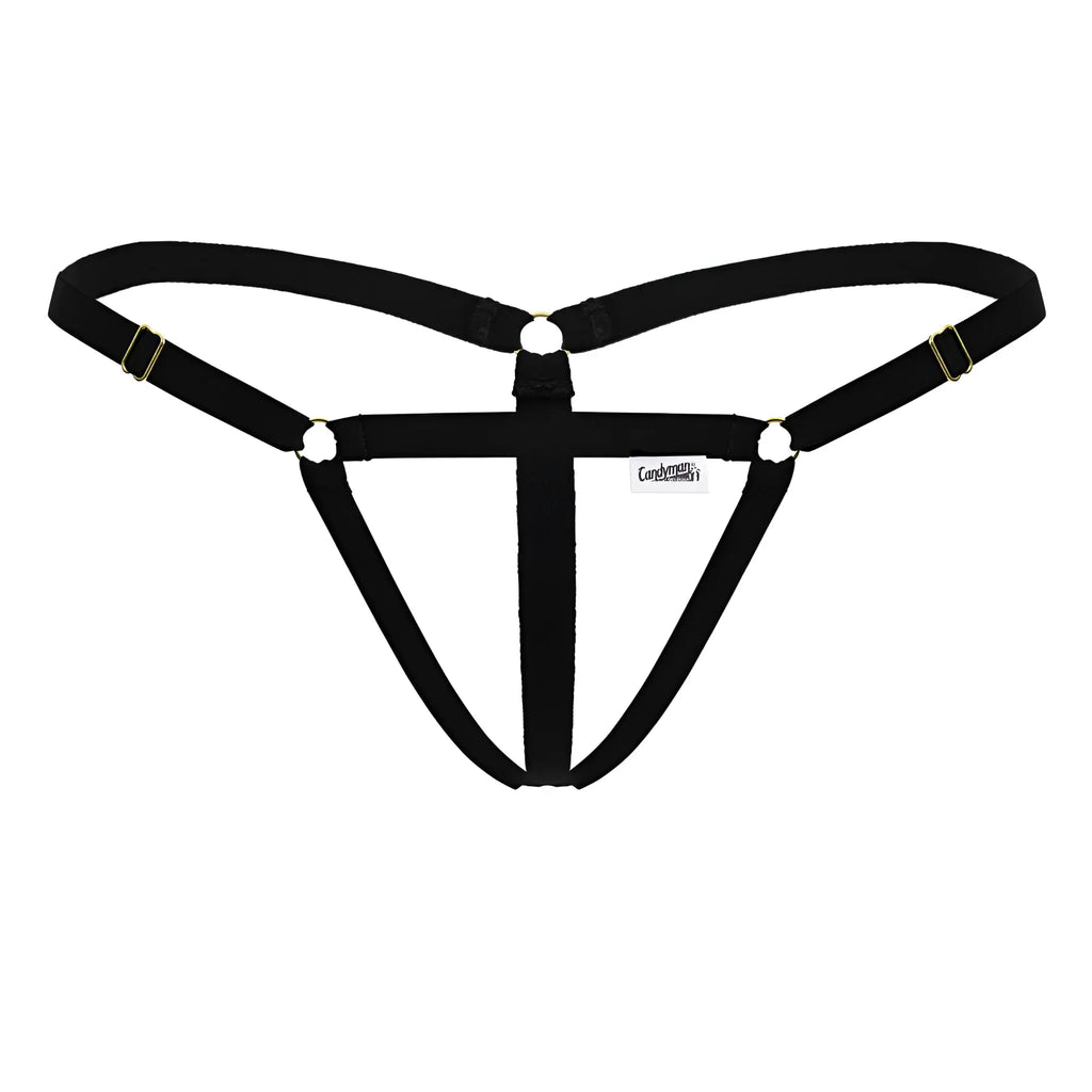 Black fabric harness with gold-toned metal clasps and rings part of candyman 99852 nudist thongs in black