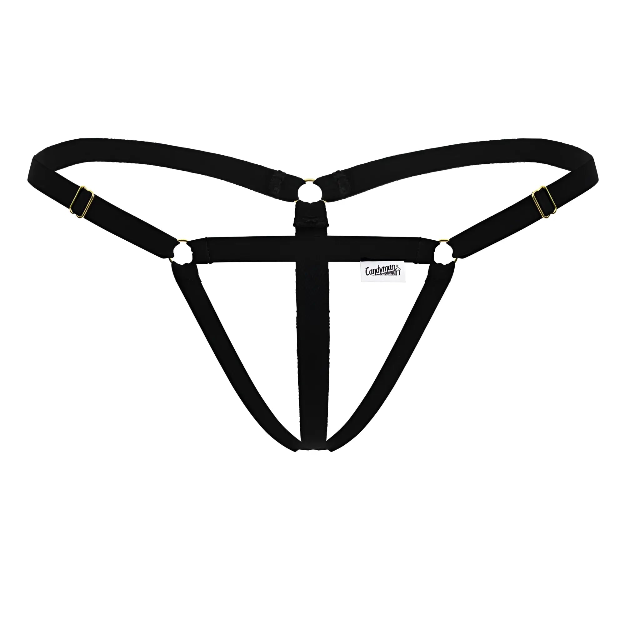 Black fabric harness with gold-toned metal clasps and rings part of candyman 99852 nudist thongs in black