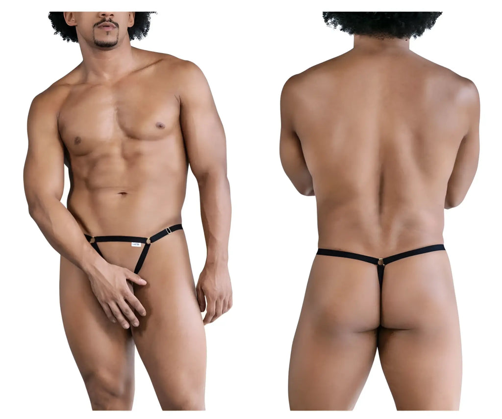 Black candyMan 99852 nudist thong with gold-tone hardware and small white label on the front