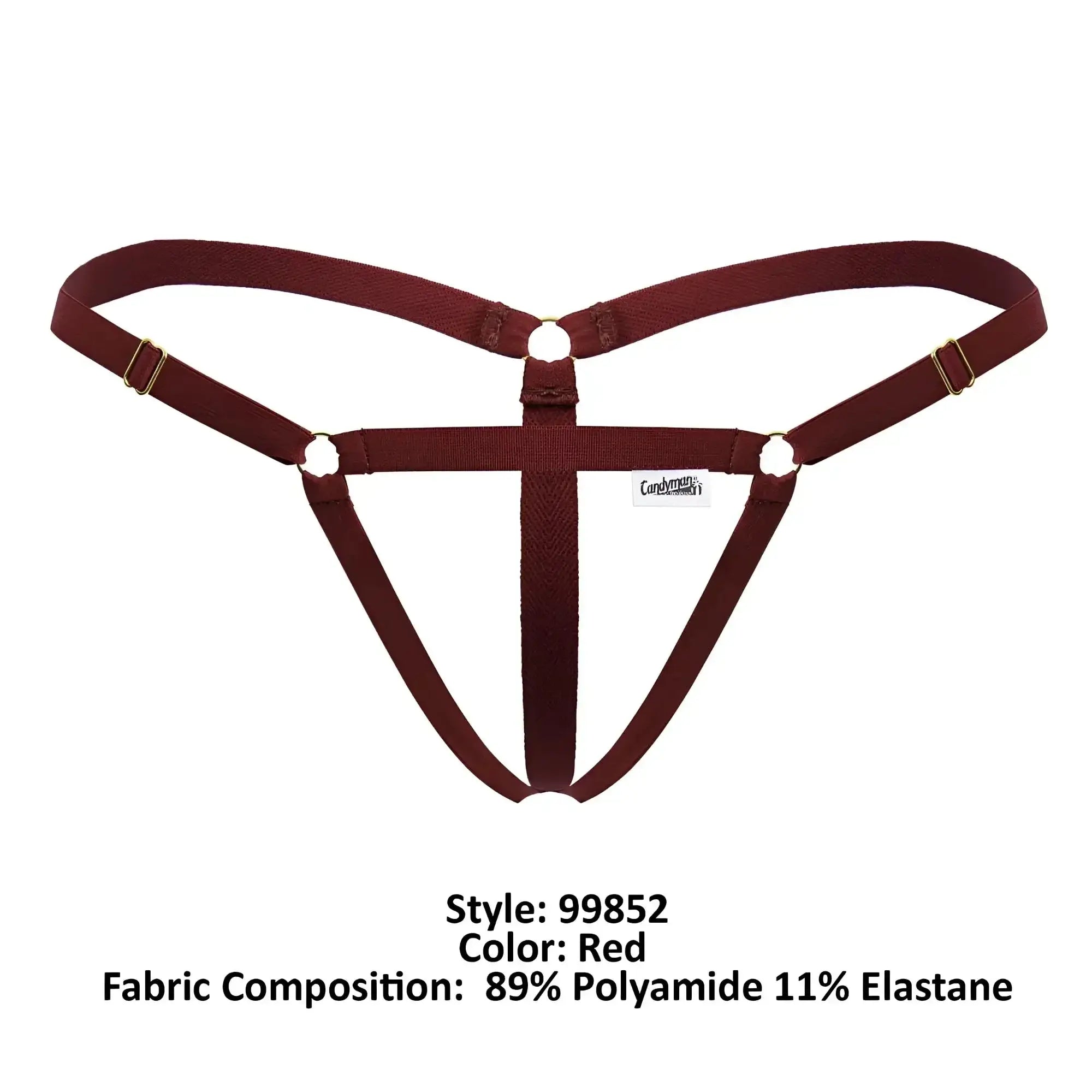 Red harness-style CandyMan 99852 Nudist thongs made of 89% polyamide 11% elastane with gold-tone metal hardware