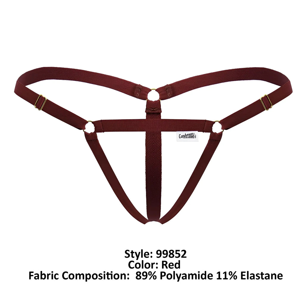 Red harness-style CandyMan 99852 Nudist thongs made of 89% polyamide 11% elastane with gold-tone metal hardware