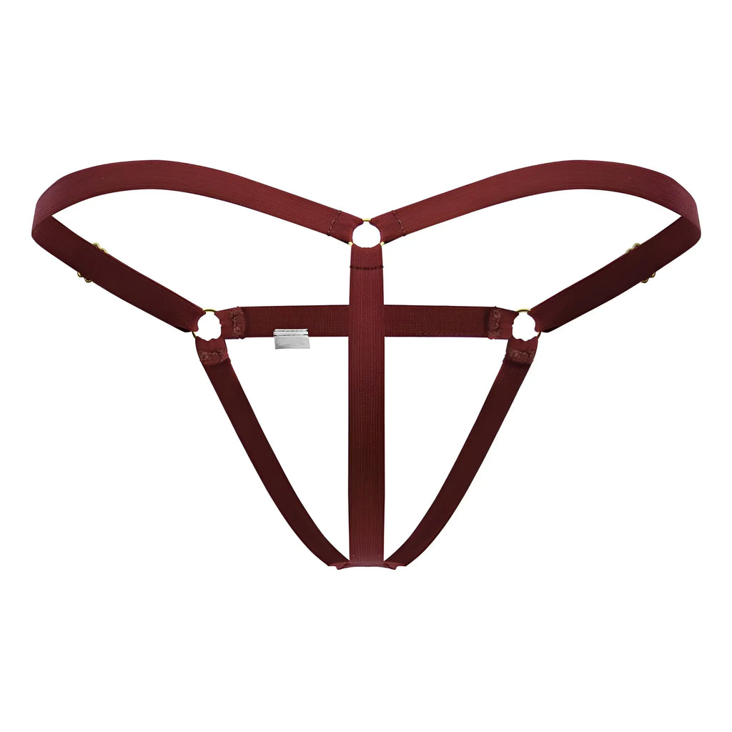 Maroon fabric harness with adjustable straps and metal hardware from candyman 99852 nudist thongs color red
