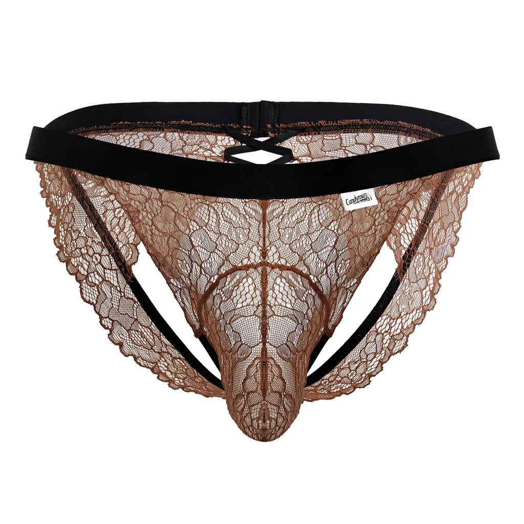 Brown lace thong jockstrap with black elastic waistband and side straps from Candyman 99853 in black and terracotta colors