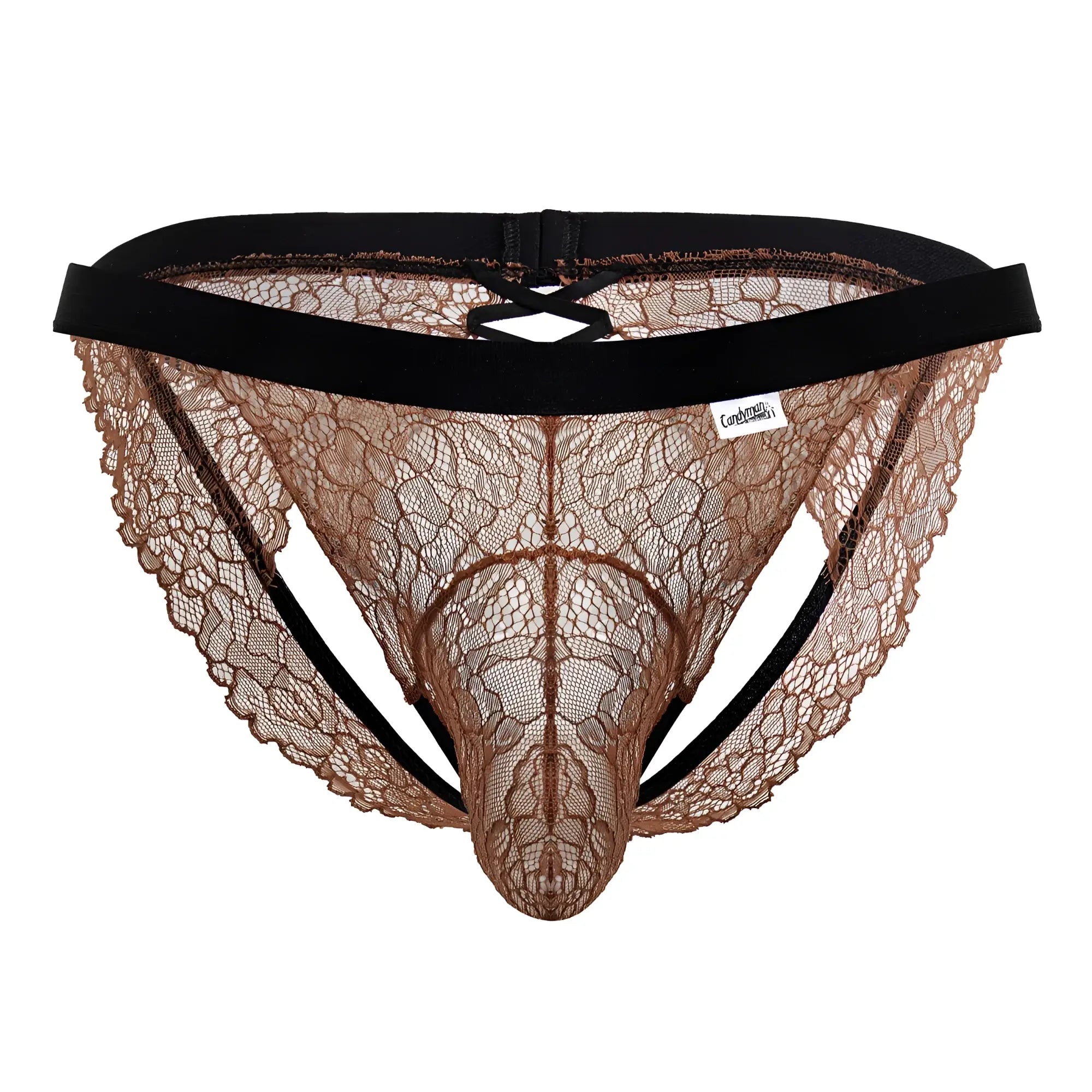 Brown lace thong jockstrap with black elastic waistband and side straps from Candyman 99853 in black and terracotta colors