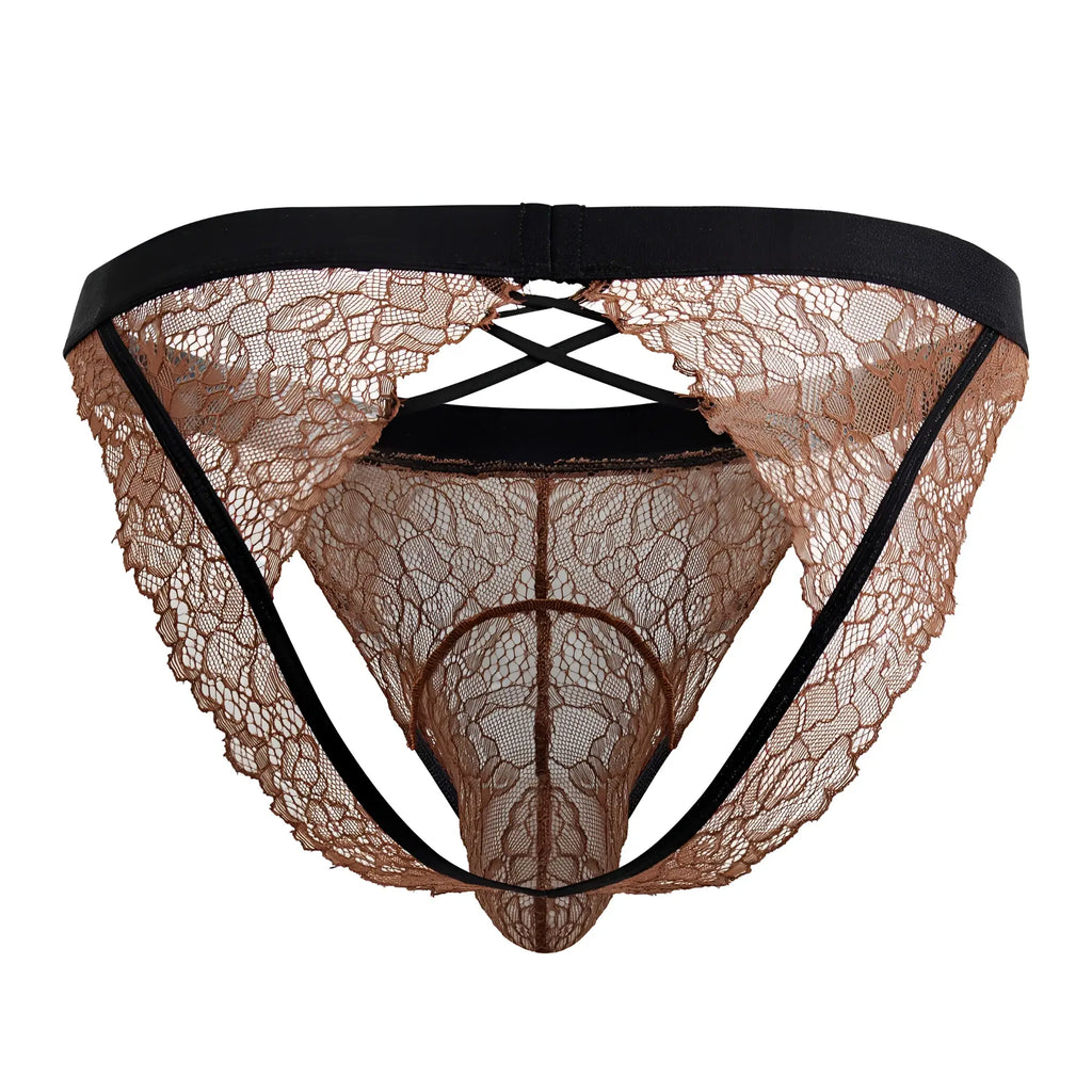 CandyMan 99853 lace jockstrap in black terracotta with tan delicate lace and black elastic waistband and straps