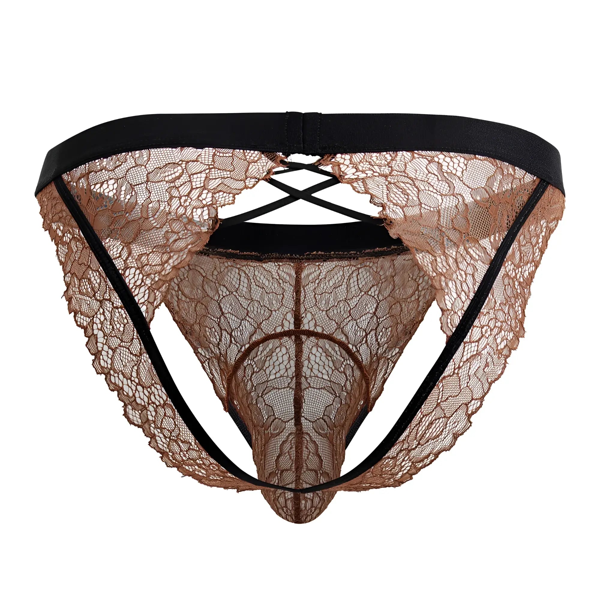 CandyMan 99853 lace jockstrap in black terracotta with tan delicate lace and black elastic waistband and straps