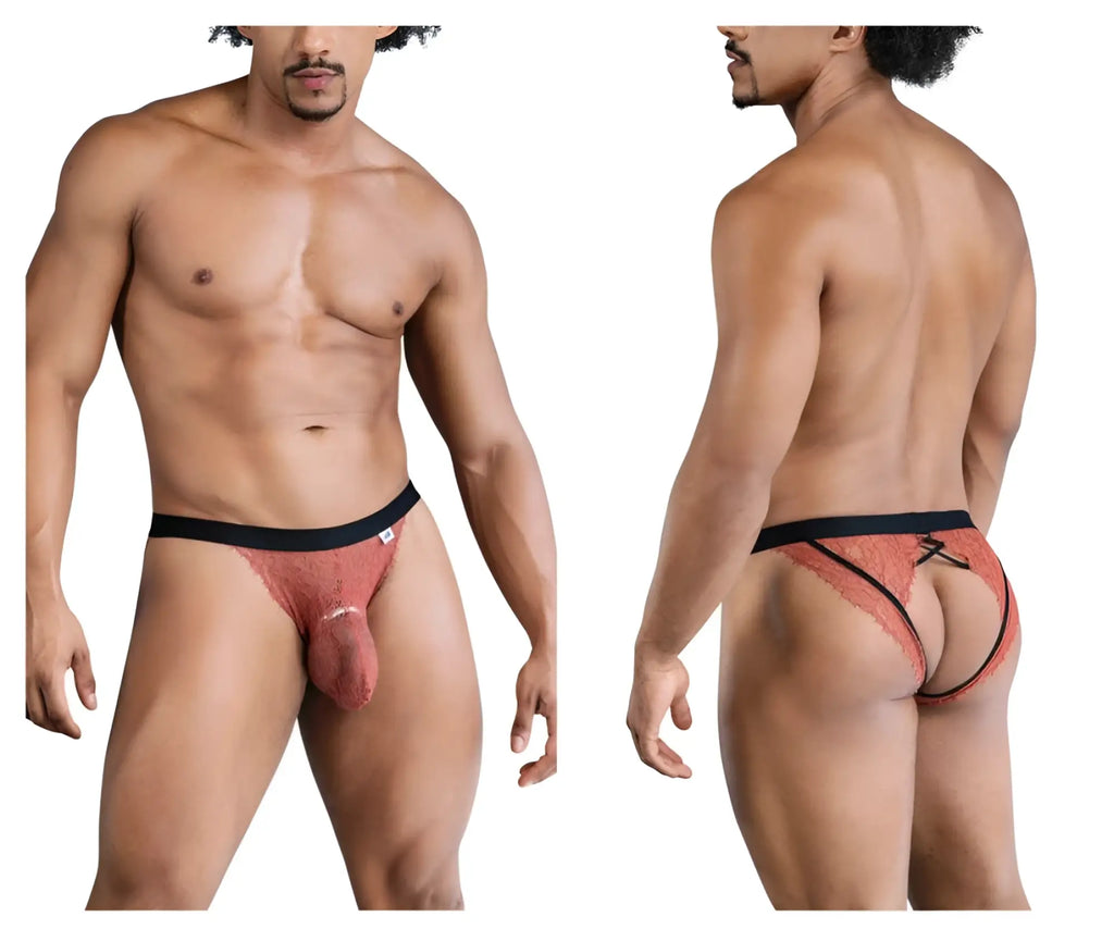 Rust-colored lace candyMan 99853 jockstrap briefs with black elastic waistband and back tie shown from the back