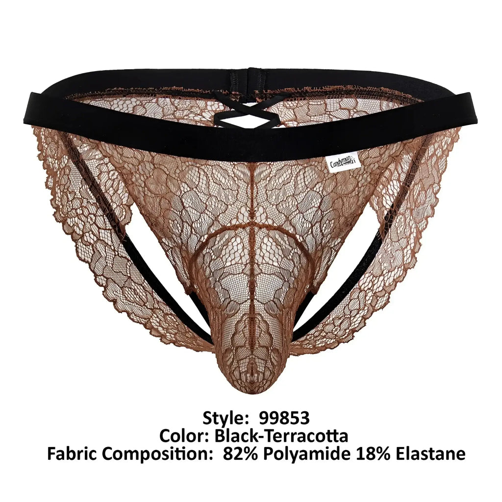 Black and terracotta lace thong jockstrap with supportive black elastic waistband candyMan 99853 front view